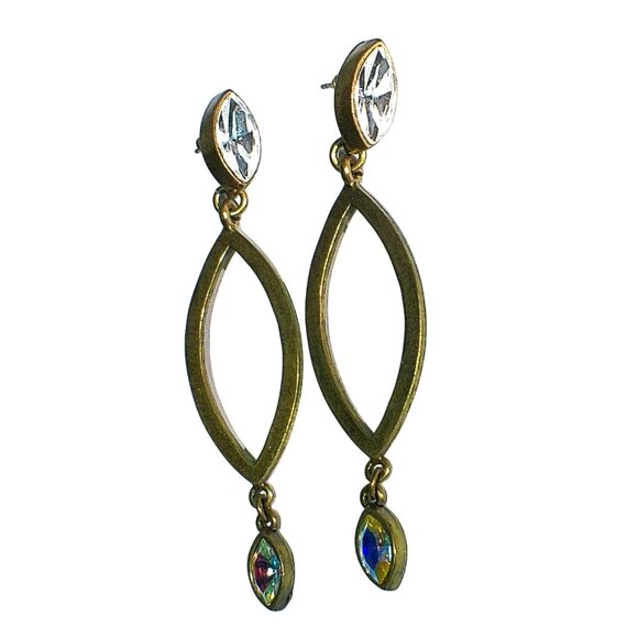 Avant Garde Paris Brass Leaf Dangle Earrings Aurora Borealis & Clear Crystals - Picture 4 of 7